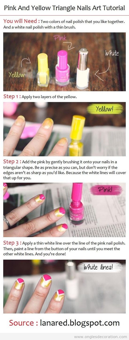 Tuto, dessin sur ongles, triangle rose et jaune